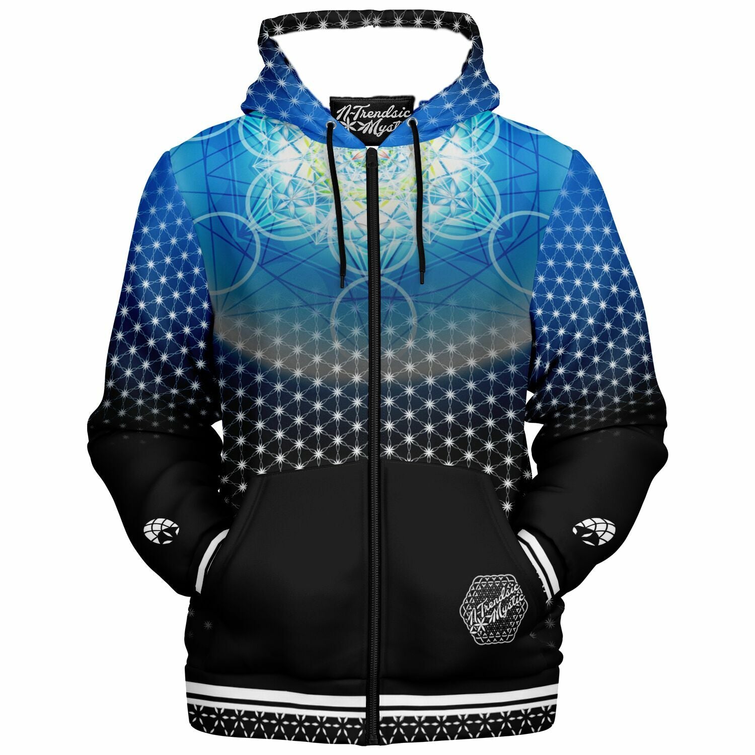 Hermetic Blues microfleece zip hoodie with sacred geometry, cosmic blue gradient, and protective sigil design