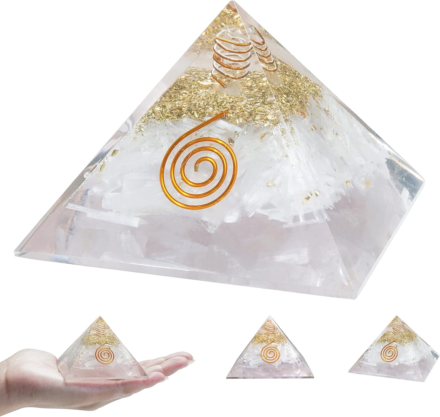Handcrafted gemstone orgone pyramid with copper coil design, available in multiple decorative variations.