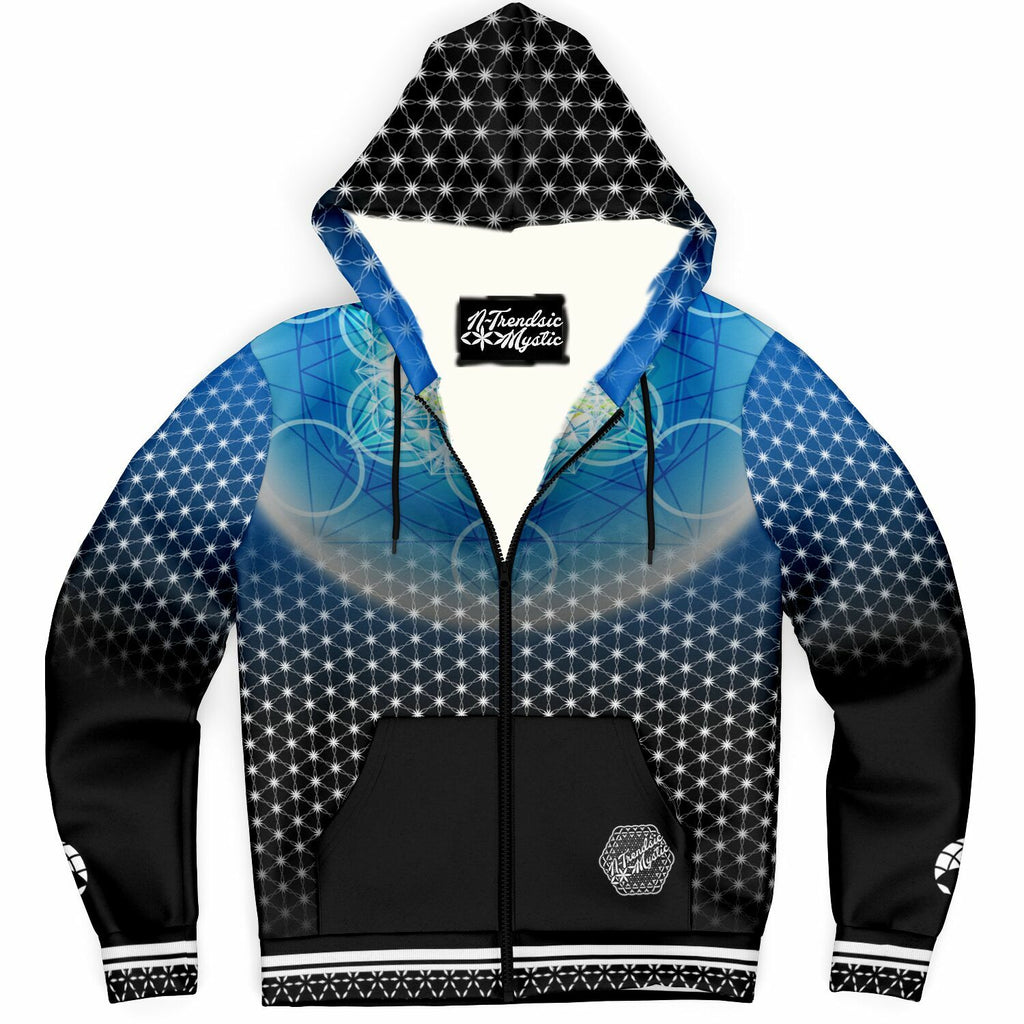 Hermetic Blues microfleece zip hoodie with sacred geometry, cosmic blue gradient, and protective sigil design