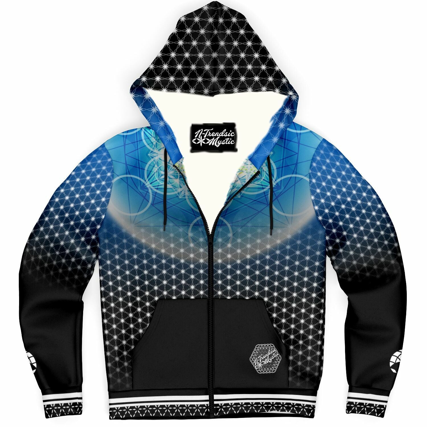 Hermetic Blues microfleece zip hoodie with sacred geometry, cosmic blue gradient, and protective sigil design