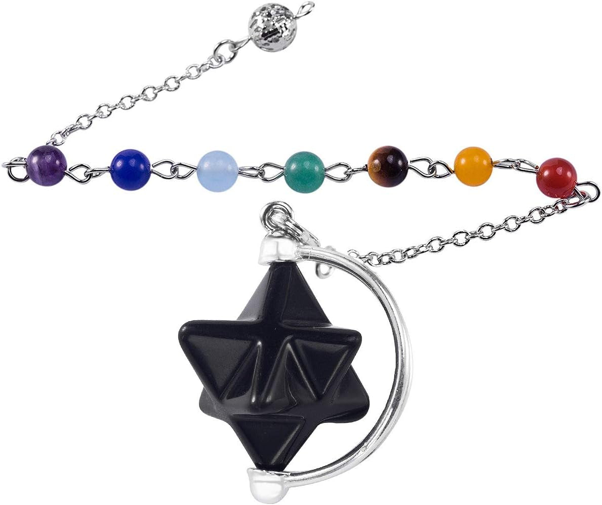 Stone Merkaba star pendulum with optional 7 chakra bead chain or minimal style, natural crystal carving for meditation and divination.