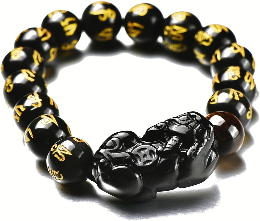 Black Obsidian & Tiger Eye Wealth Bracelet with Pixiu Charm | Feng Shui Protection & Abundance