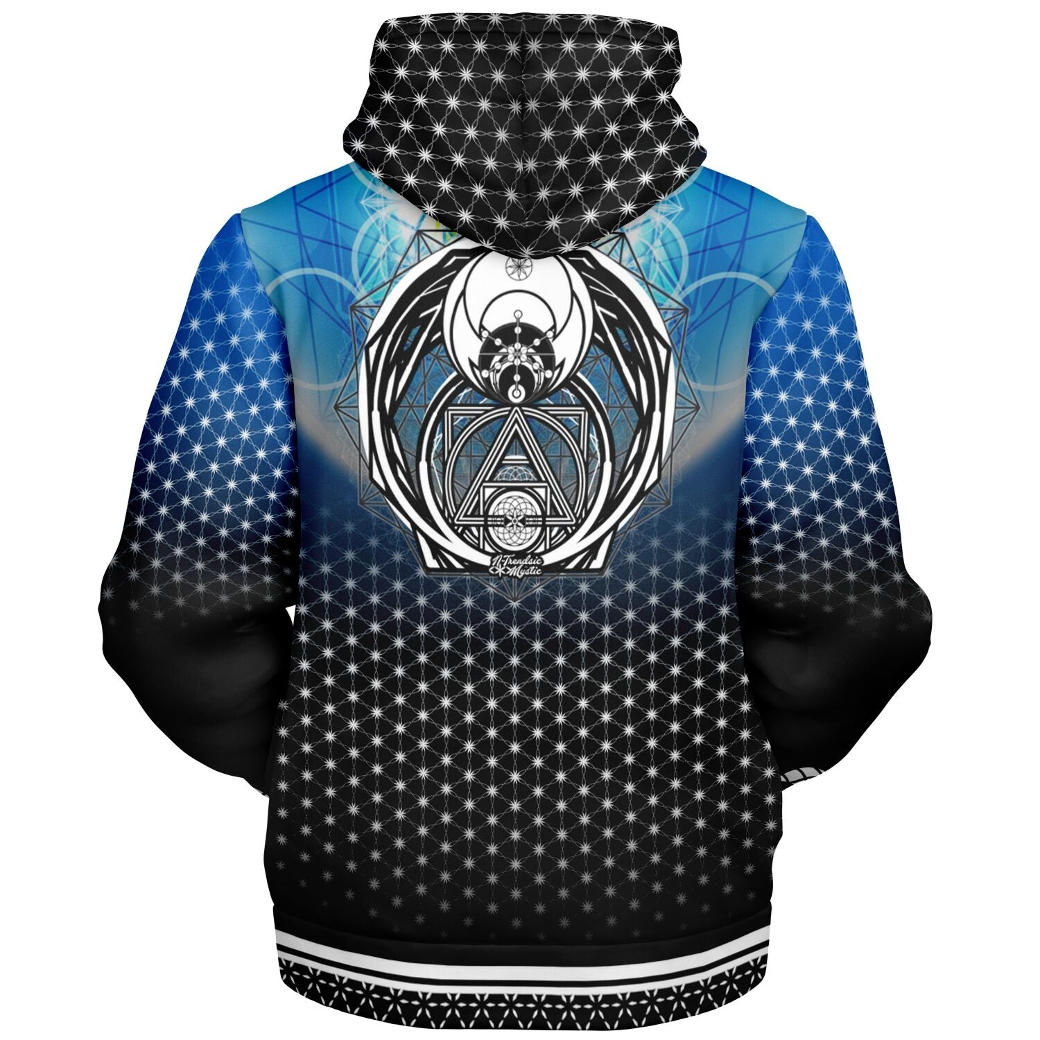 Hermetic Blues microfleece zip hoodie with sacred geometry, cosmic blue gradient, and protective sigil design