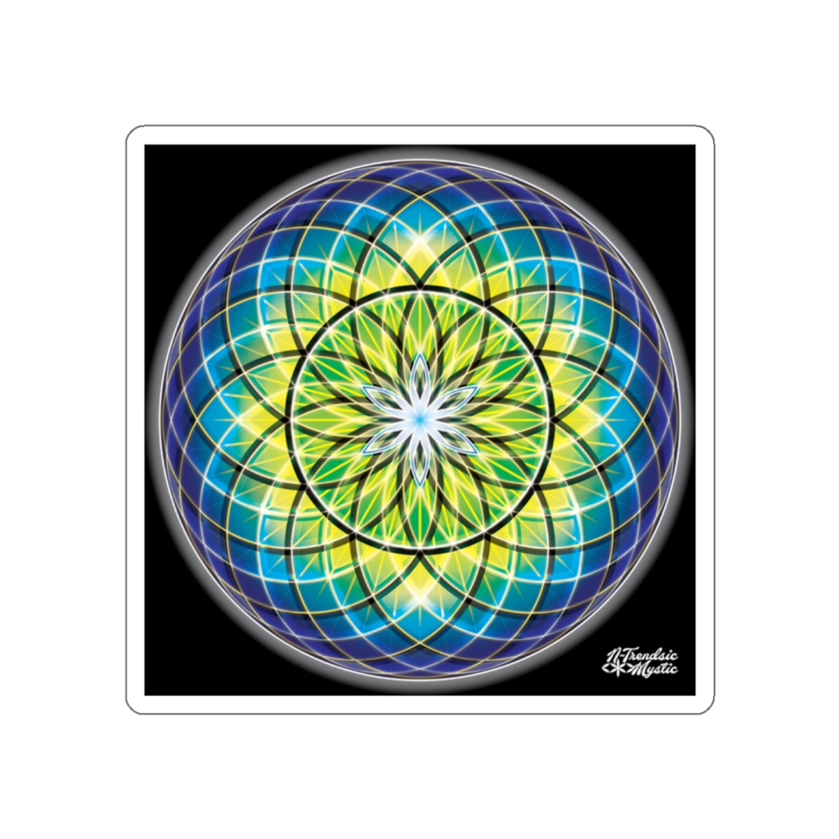 Mandala design with blue and green colors on a black background