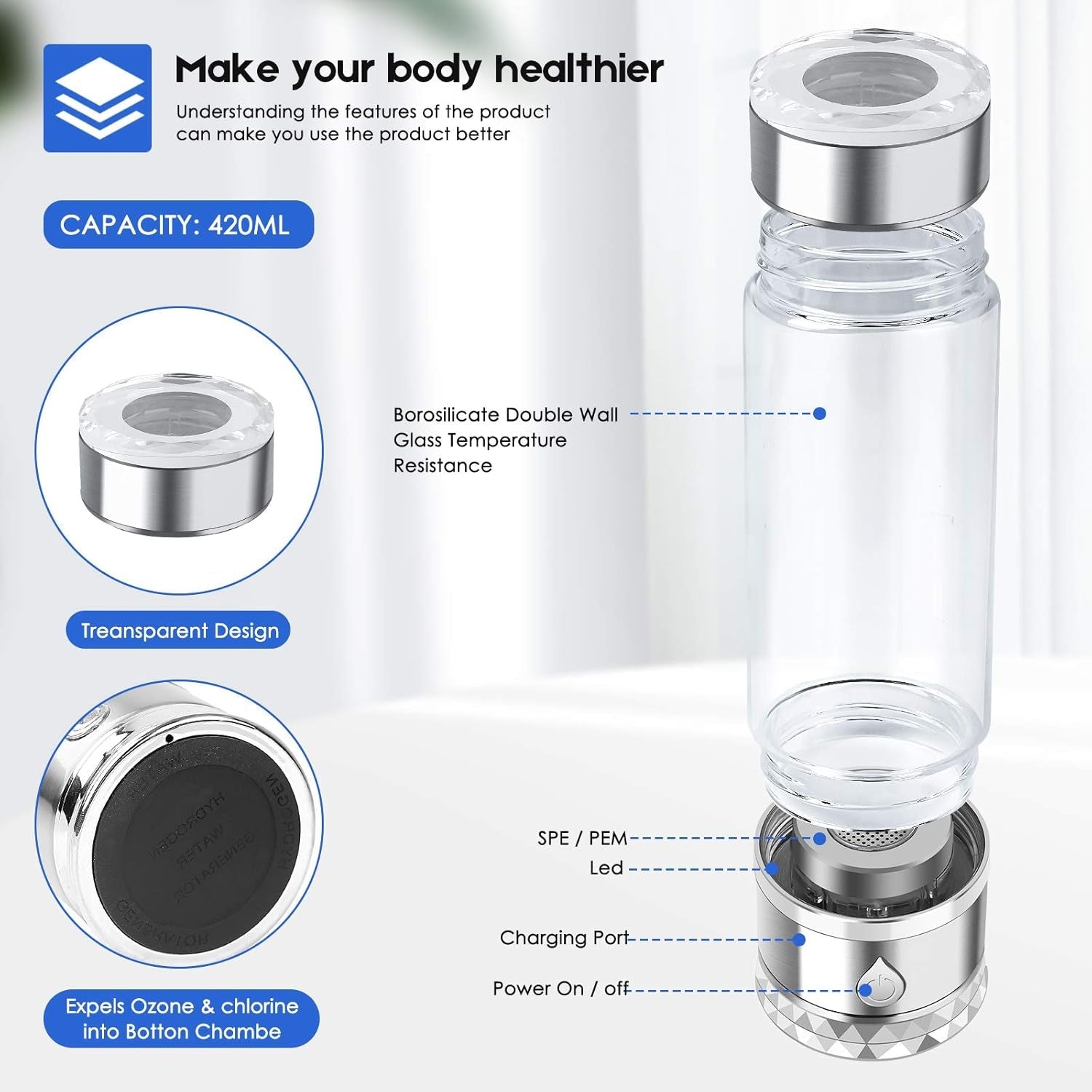 N.P Hydrogen Water Bottle Generator with Dual Chamber & SPE PEM Technology - Up to 1700 PPB