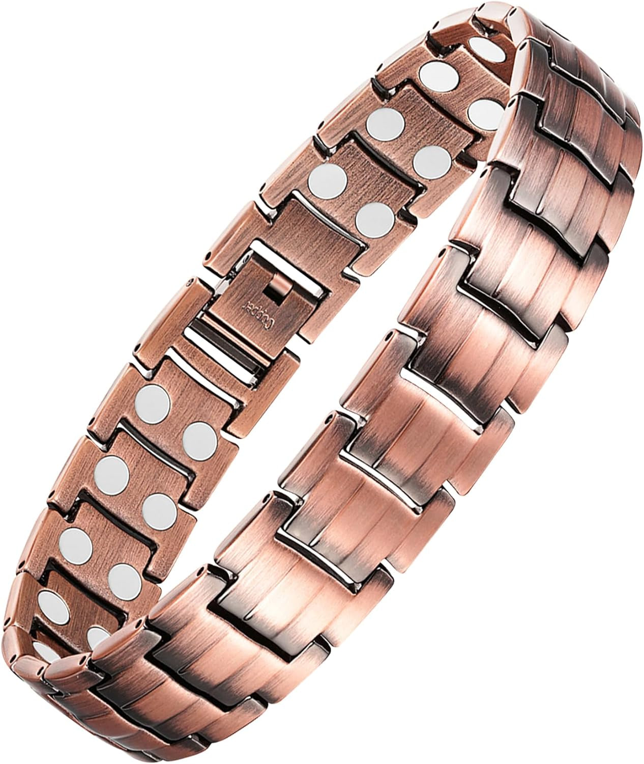 Solid copper magnetic bracelet with double-row wide-link design, available in Copper Black, Copper, and matching ring variations.