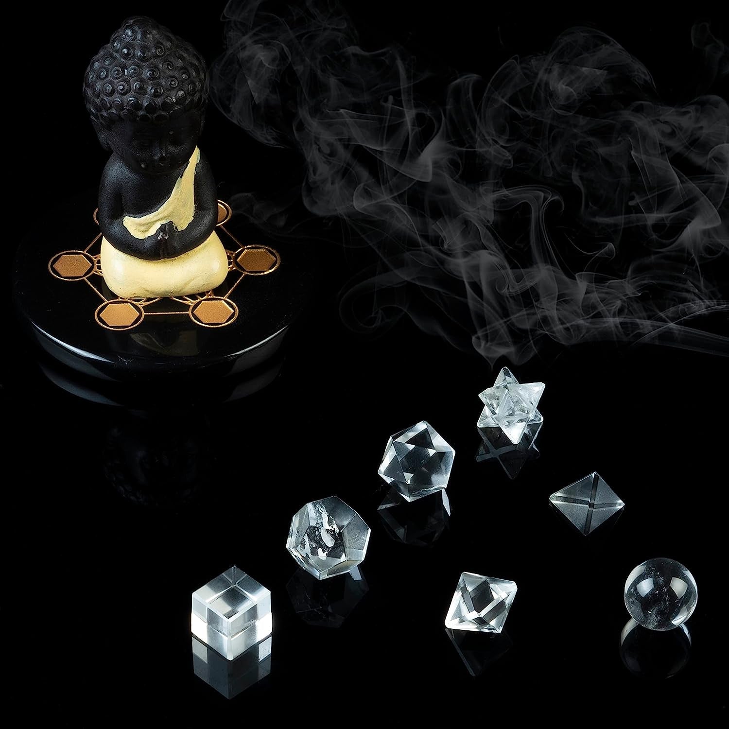 Set of Platonic solid sacred geometry crystals in multiple gemstone options, hand-carved 15–20mm pieces for meditation, grids, or display.