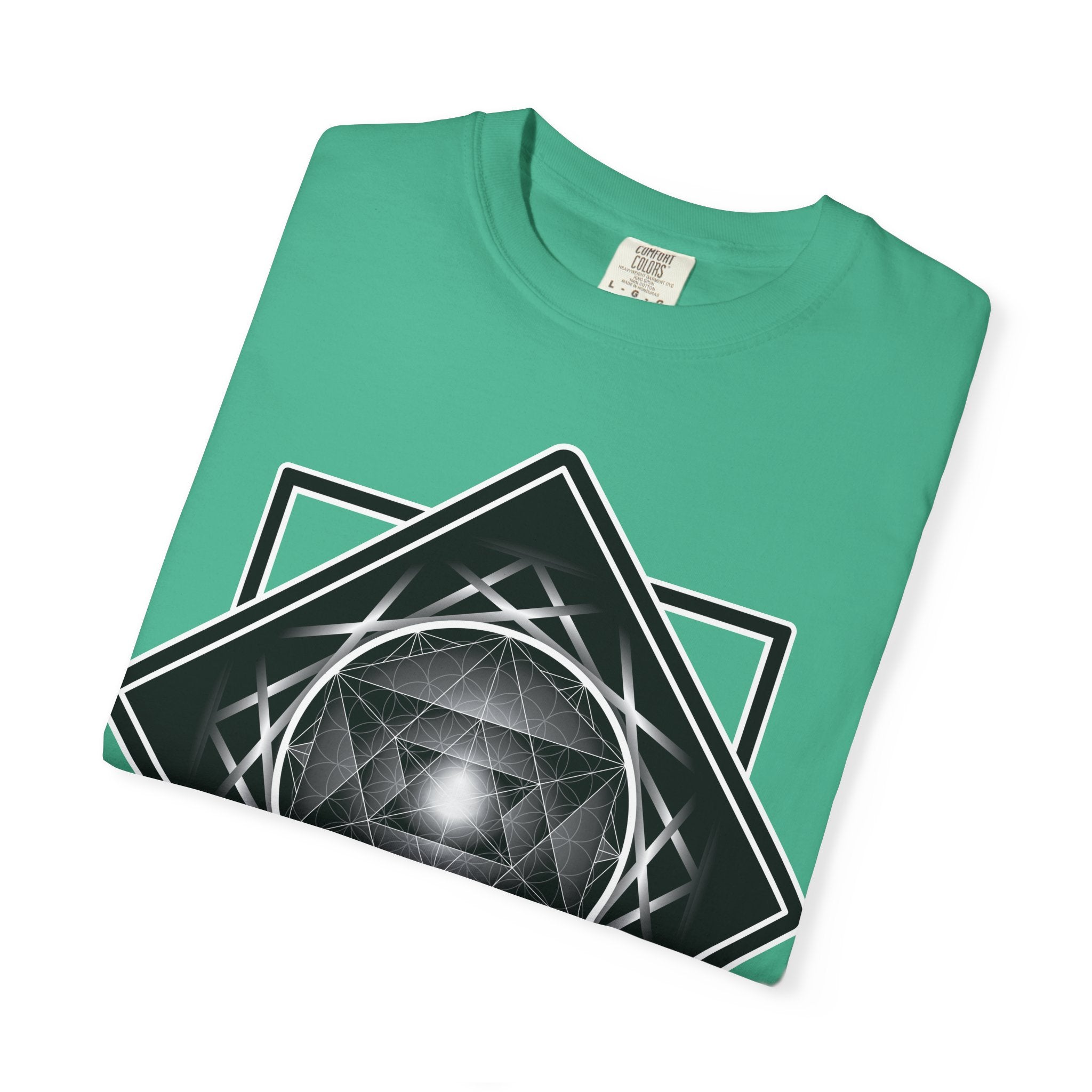Merkaba Energy Tee – unisex t-shirt featuring luminous Merkaba star in monochrome sacred geometry design on multiple color options