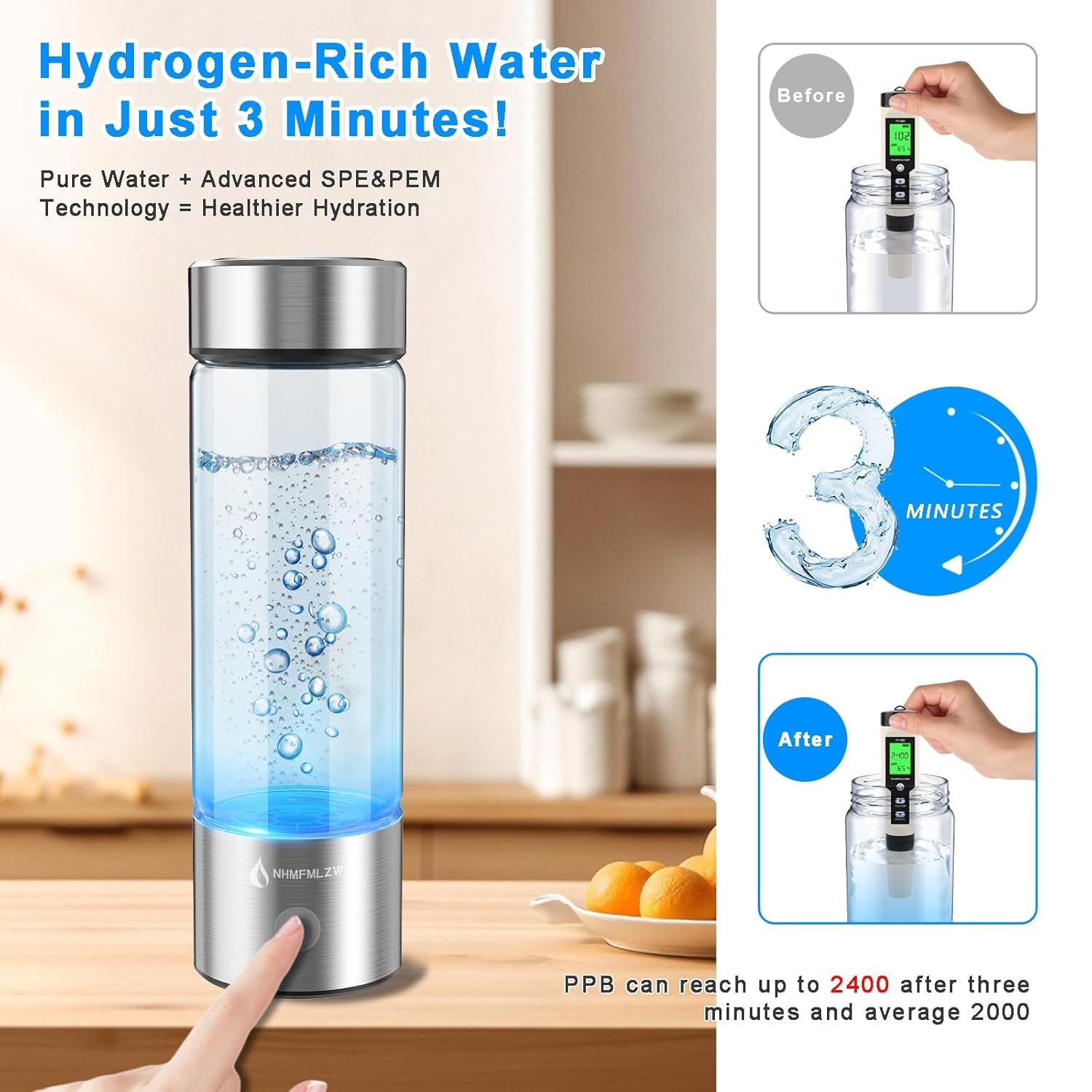 Hydrogen Water Bottle – Portable Ionizer with SPE PEM Tech | 420ml Borosilicate Glass, Rechargeable Base (2025 Upgrade)