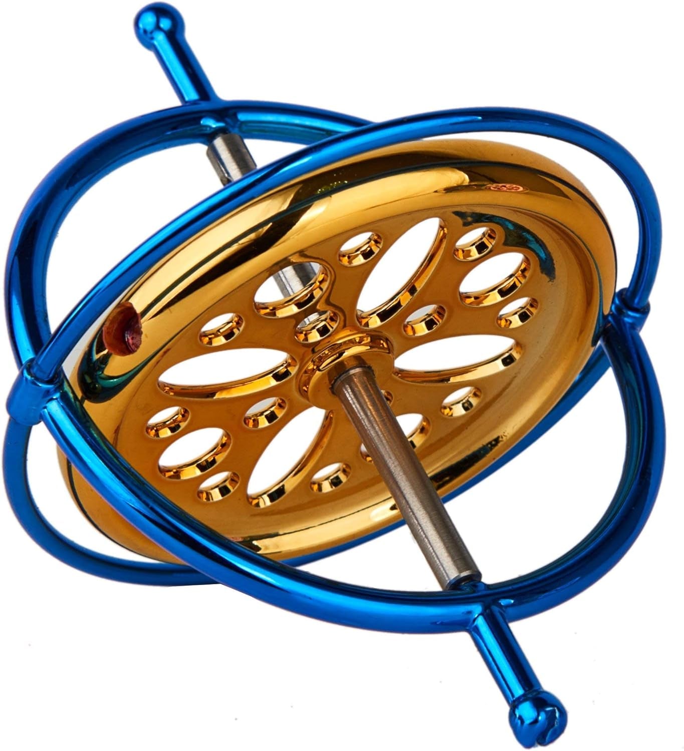 Mystic Anti-Gravity Spinning Top — polished metal precision gyroscope spinning in motion over a tabletop pedestal
