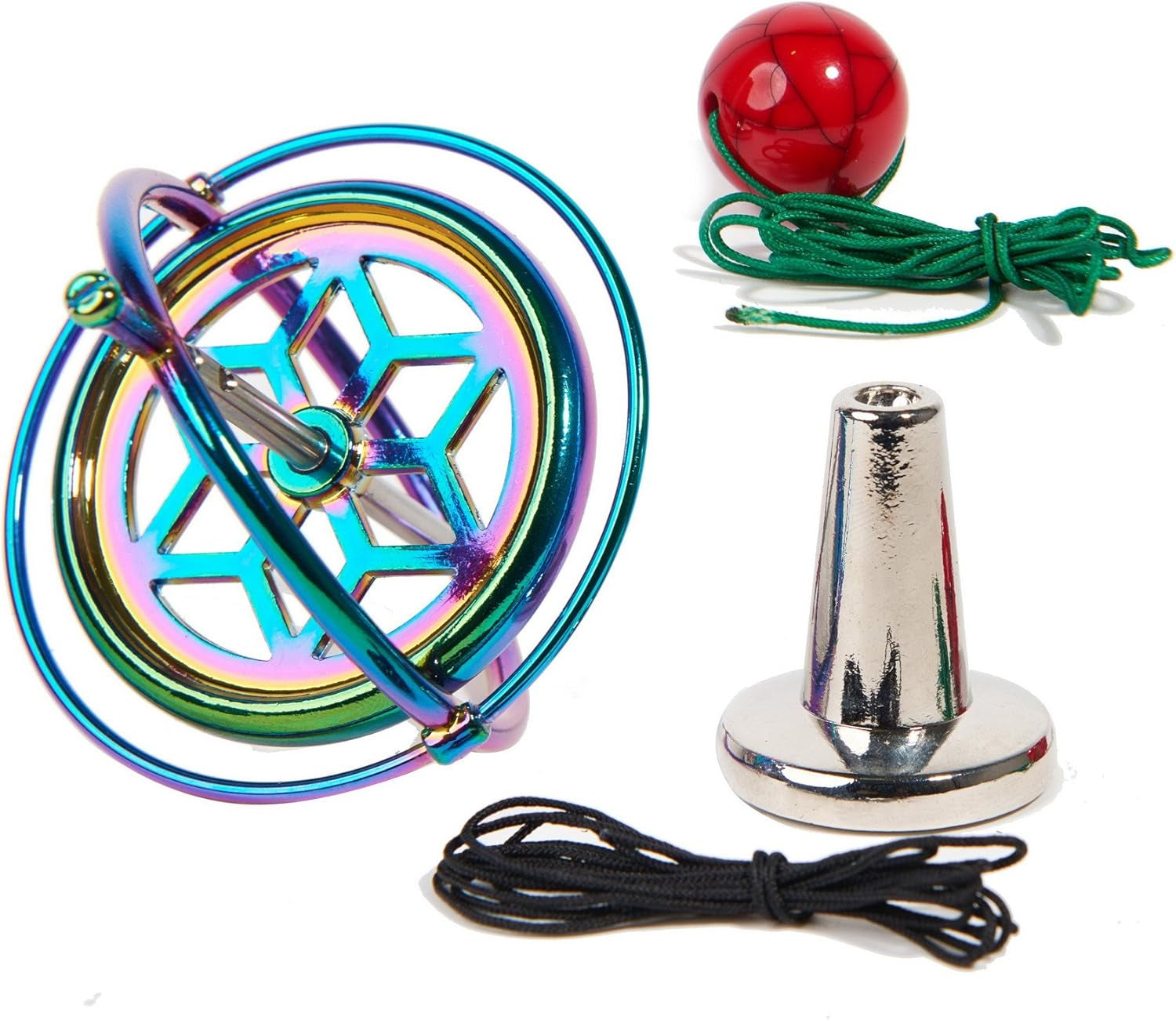 Mystic Anti-Gravity Spinning Top — polished metal precision gyroscope spinning in motion over a tabletop pedestal