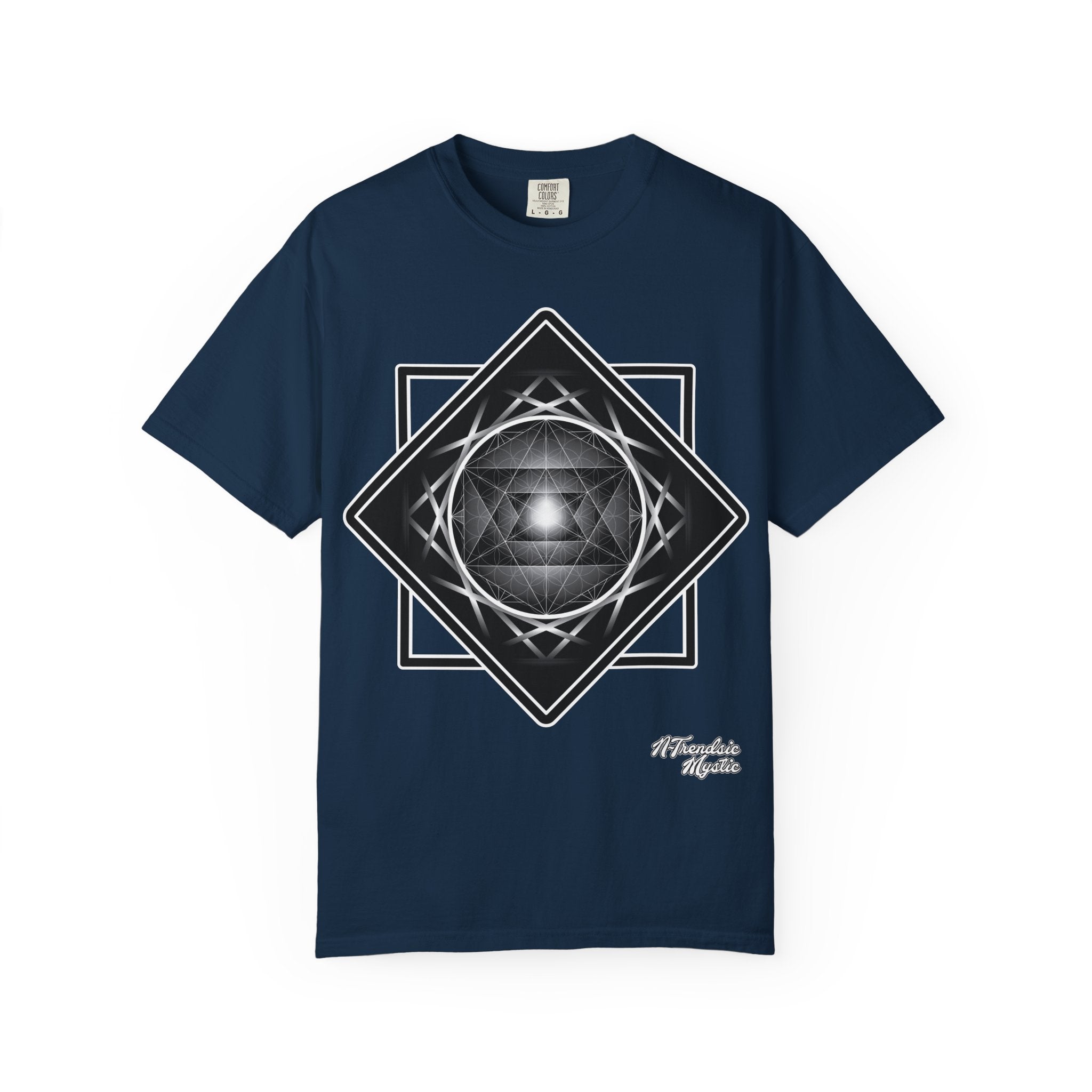 Merkaba Energy Tee – unisex t-shirt featuring luminous Merkaba star in monochrome sacred geometry design on multiple color options