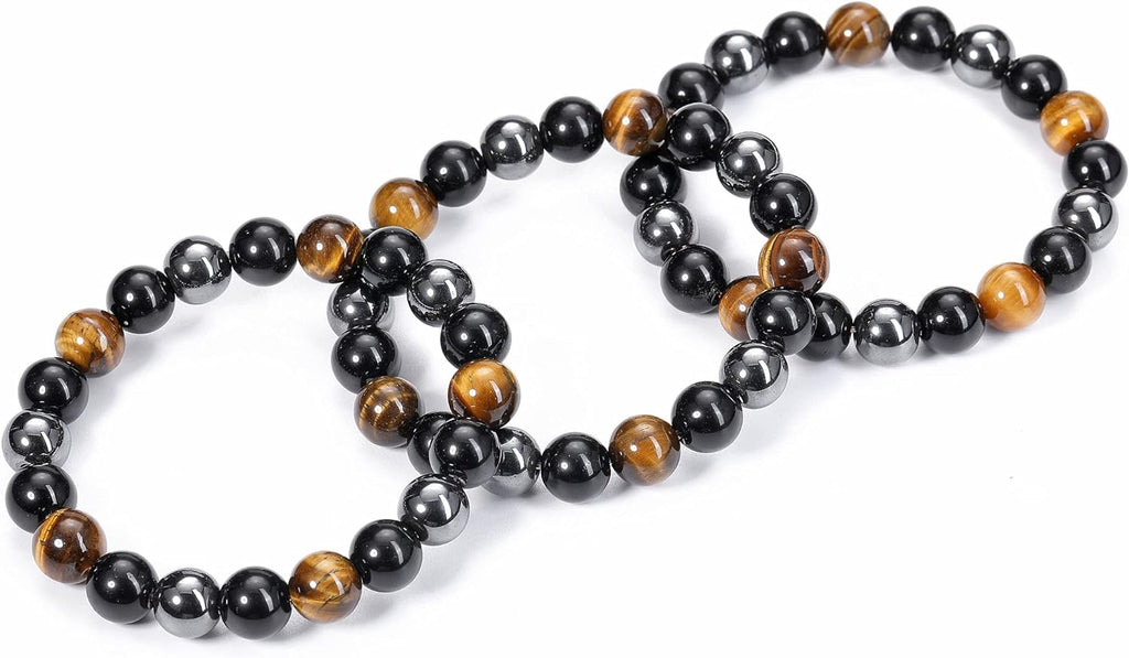 Hematite, Black Obsidian & Tiger’s Eye Gemstone Bracelet – Natural 10mm Beads for Men & Women – Protection & Good Fortune