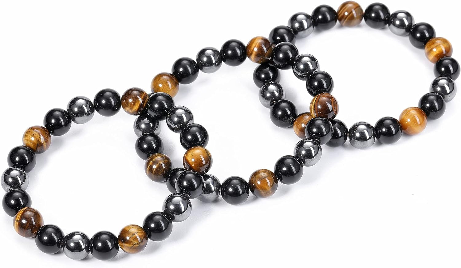 Hematite, Black Obsidian & Tiger’s Eye Gemstone Bracelet – Natural 10mm Beads for Men & Women – Protection & Good Fortune