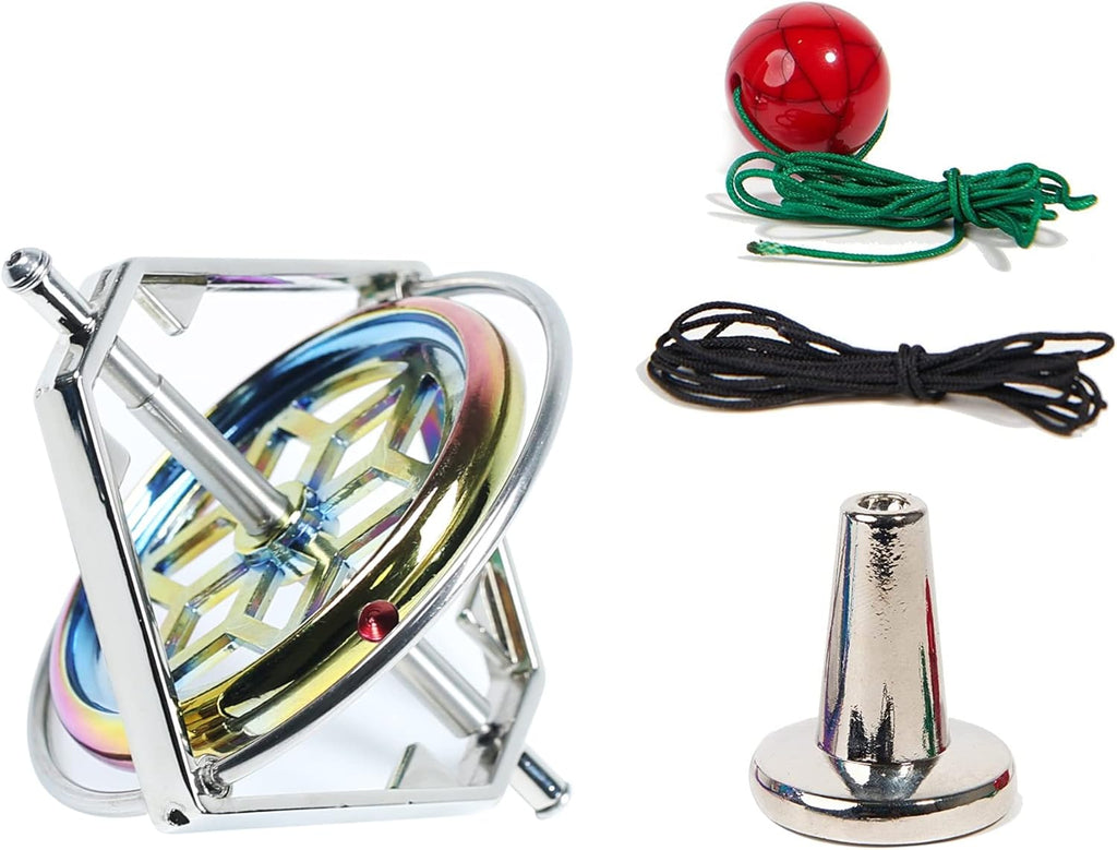 Mystic Anti-Gravity Spinning Top — polished metal precision gyroscope spinning in motion over a tabletop pedestal