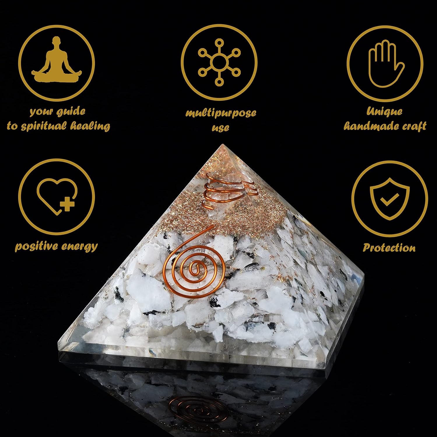 55Mm Orgone Pyramid Rainbow Moonstone Protection Crystals Reiki Healing Stones, Organite Pyramid for Good Luck Gift for Women Men Gemstone Crystal Chakra Charm Orgone Generator Orgonite Collection