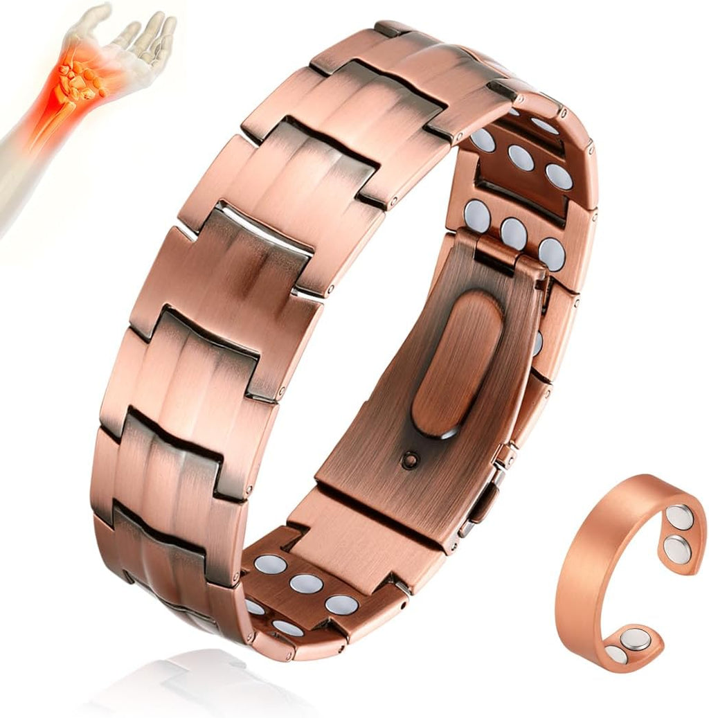 Auric Flow copper bracelet and matching ring set with magnetic accents in warm rose-gold finish