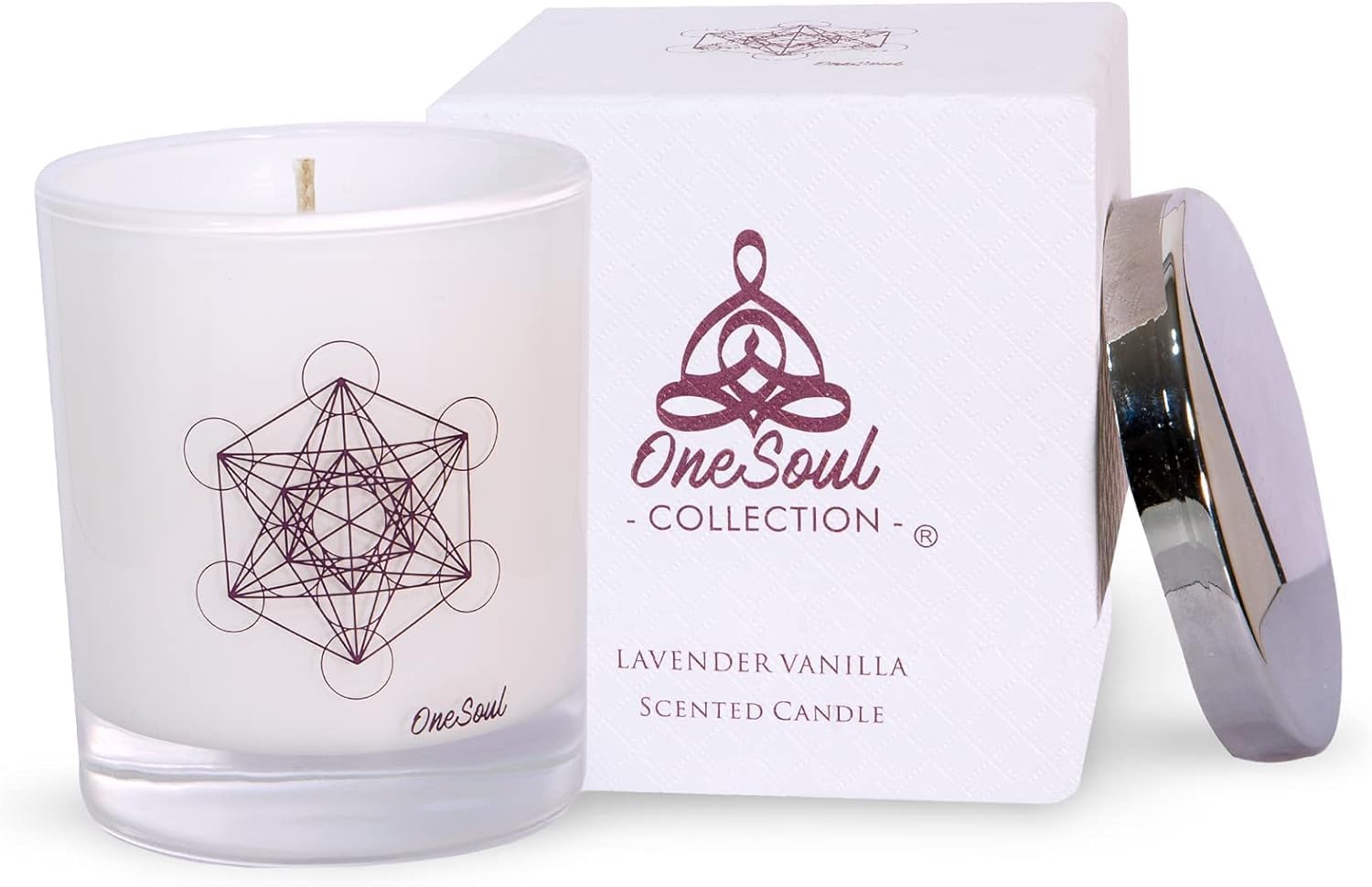 Luxury soy aromatherapy candle in black glass with sacred symbol design, available in multiple earthy and floral scents.