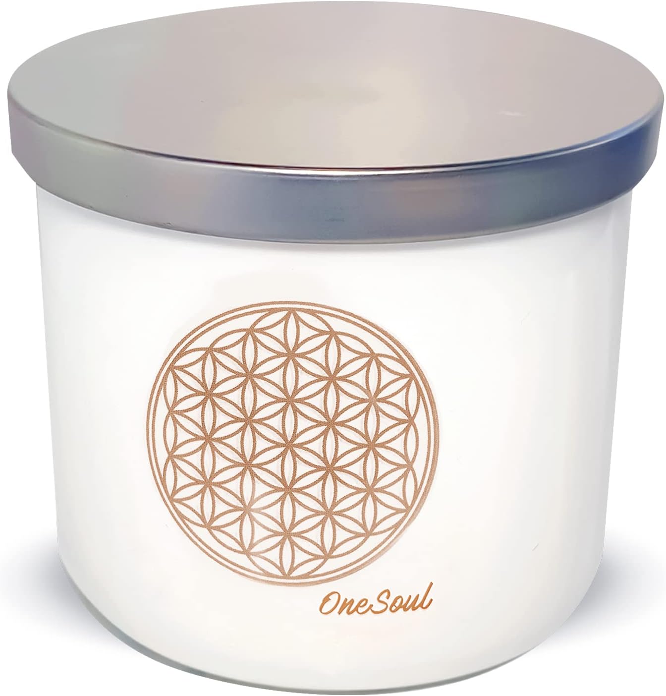 Luxury soy aromatherapy candle in black glass with sacred symbol design, available in multiple earthy and floral scents.