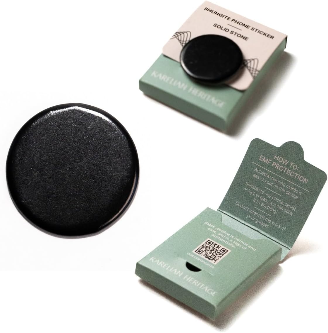 Shungite round phone sticker — polished stone with sacred geometry engravings (Merkaba, Metatron’s Cube, Flower of Life) or plain polished finish