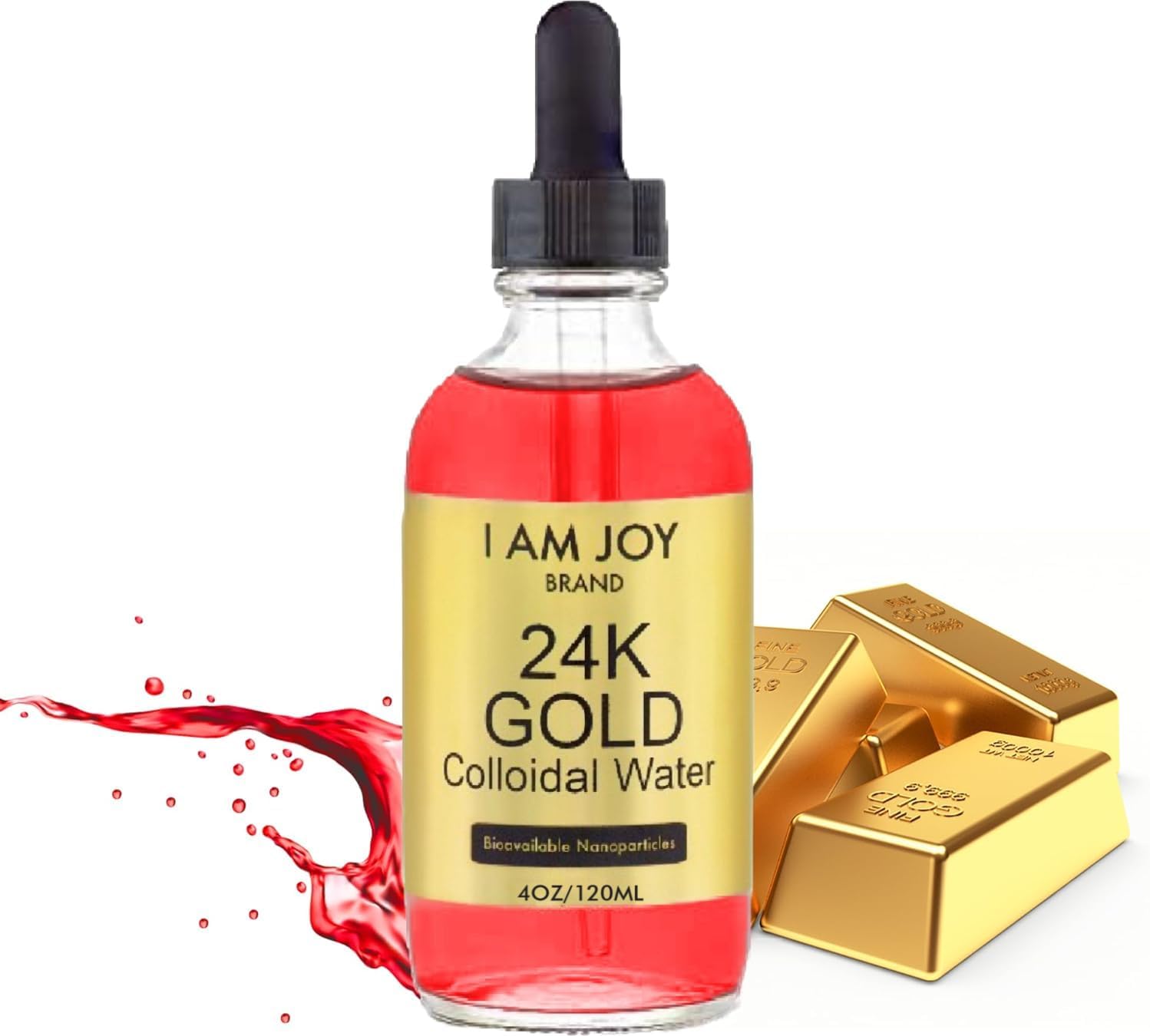 Golden Ruby Elixir — ruby-red liquid gold in dropper bottle, pure 24K colloidal gold suspended in distilled water