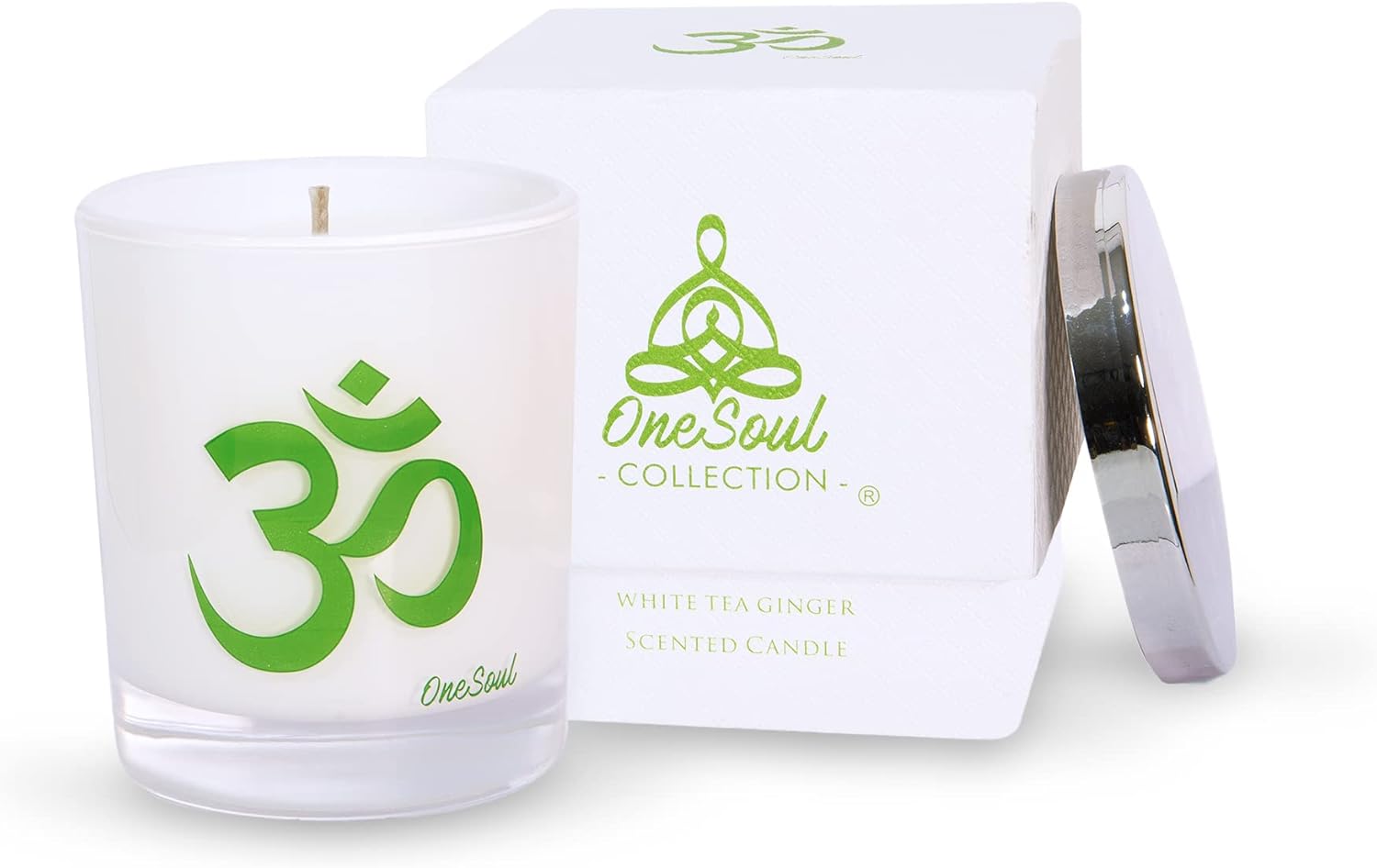 Luxury soy aromatherapy candle in black glass with sacred symbol design, available in multiple earthy and floral scents.
