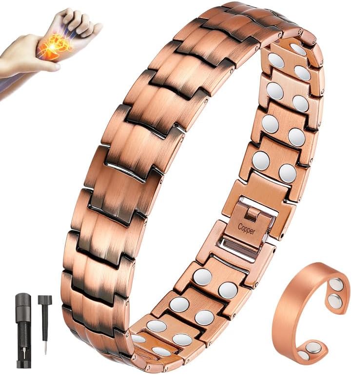 Auric Flow copper bracelet and matching ring set with magnetic accents in warm rose-gold finish