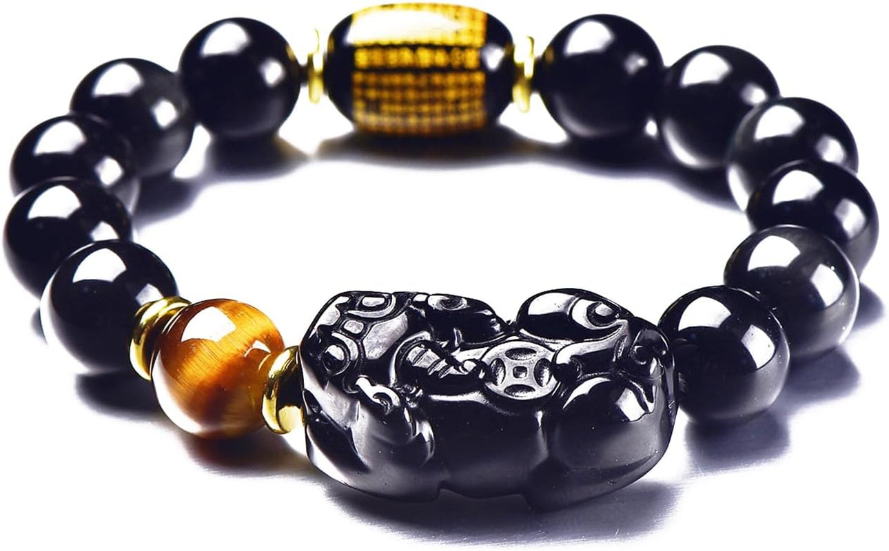 Black Obsidian & Tiger Eye Wealth Bracelet with Pixiu Charm | Feng Shui Protection & Abundance
