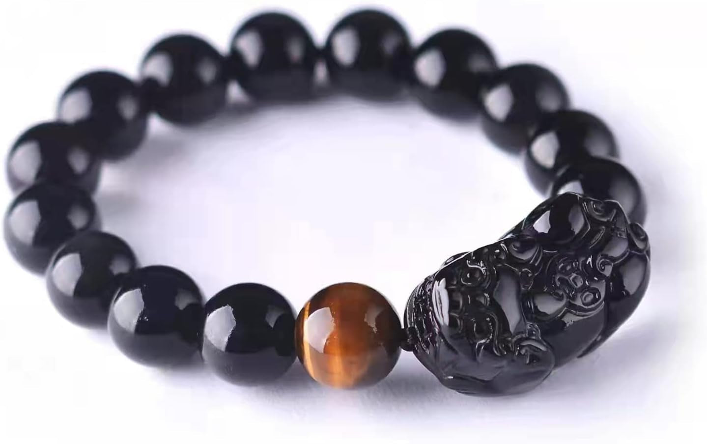 Black Obsidian & Tiger Eye Wealth Bracelet with Pixiu Charm | Feng Shui Protection & Abundance