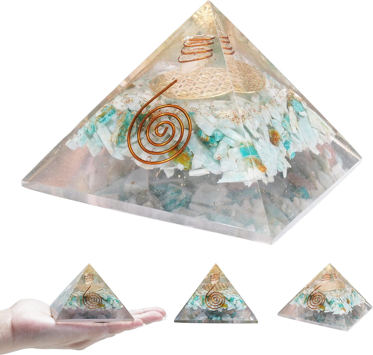 Handcrafted gemstone orgone pyramid with copper coil design, available in multiple decorative variations.