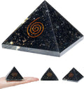 Black Tourmaline Orgone Pyramid spiral  emblem with copper coil design, ideal for meditation, décor, and grounding.
