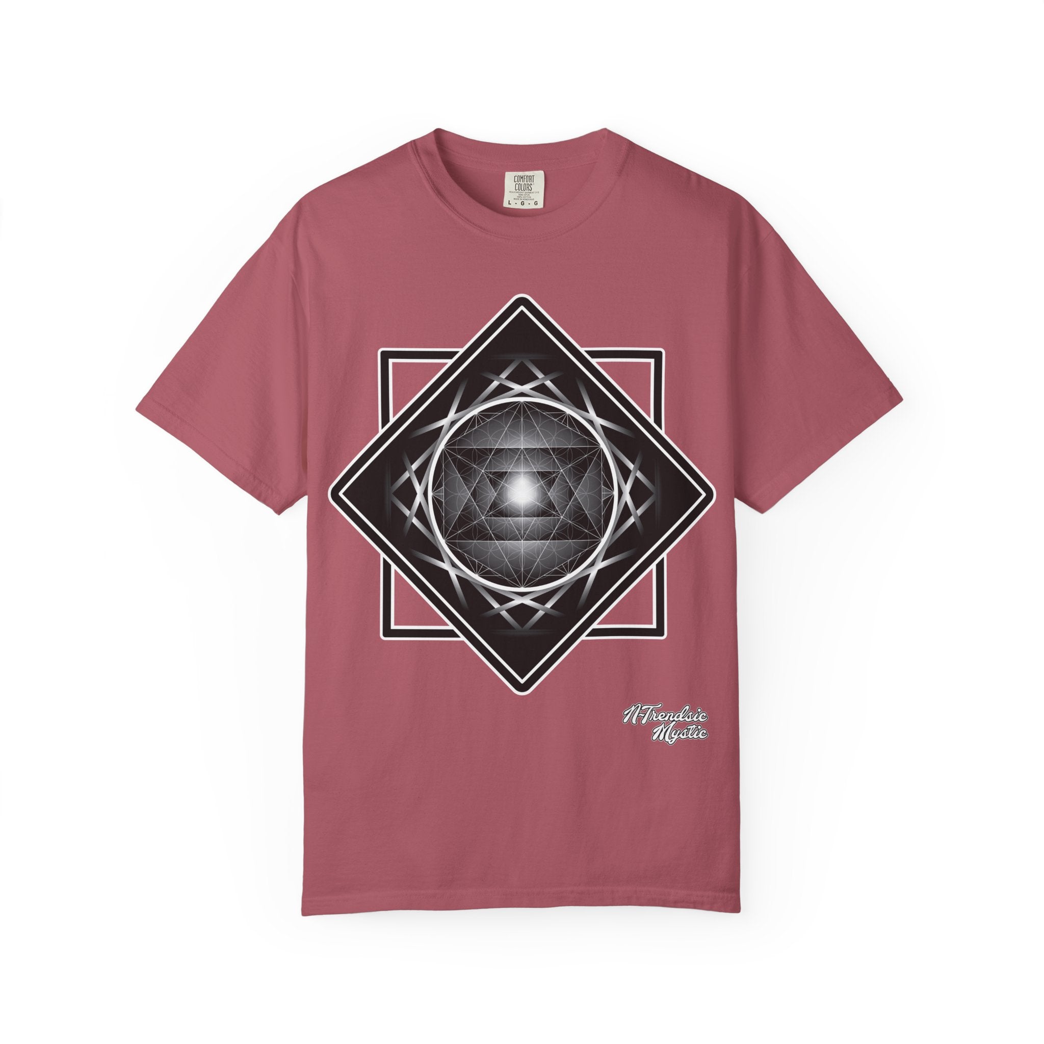 Merkaba Energy Tee – unisex t-shirt featuring luminous Merkaba star in monochrome sacred geometry design on multiple color options