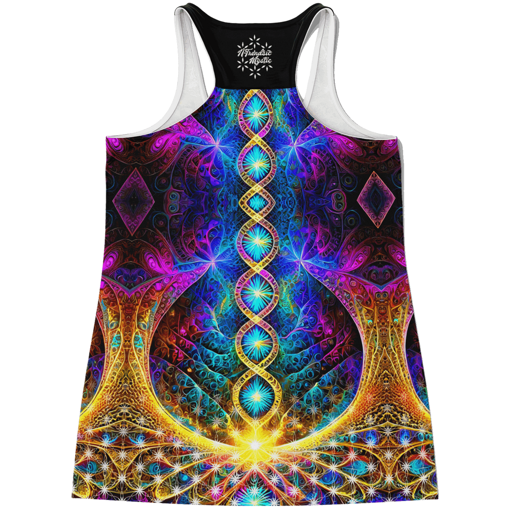 Mystic Abundance flowy racerback tank top — vivid lotus and sacred geometry DNA design from a creative collaboration
