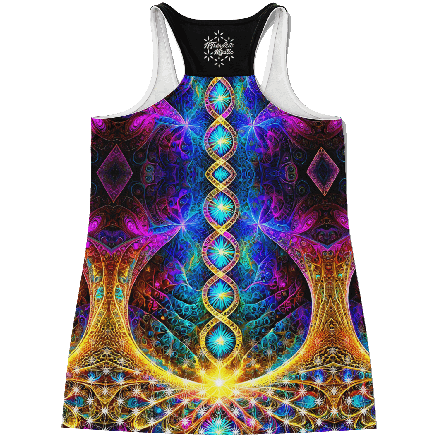Mystic Abundance flowy racerback tank top — vivid lotus and sacred geometry DNA design from a creative collaboration