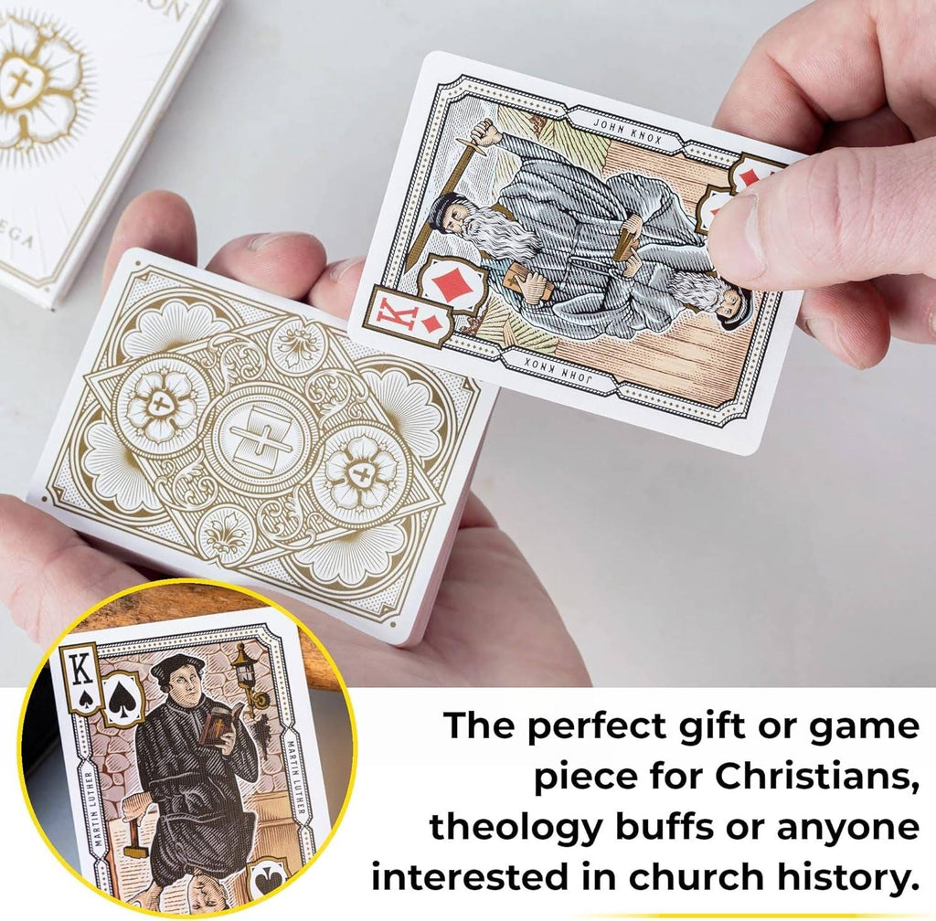 Alpha & Omega premium playing cards with metallic foil tuckbox, available in five collectible designs.