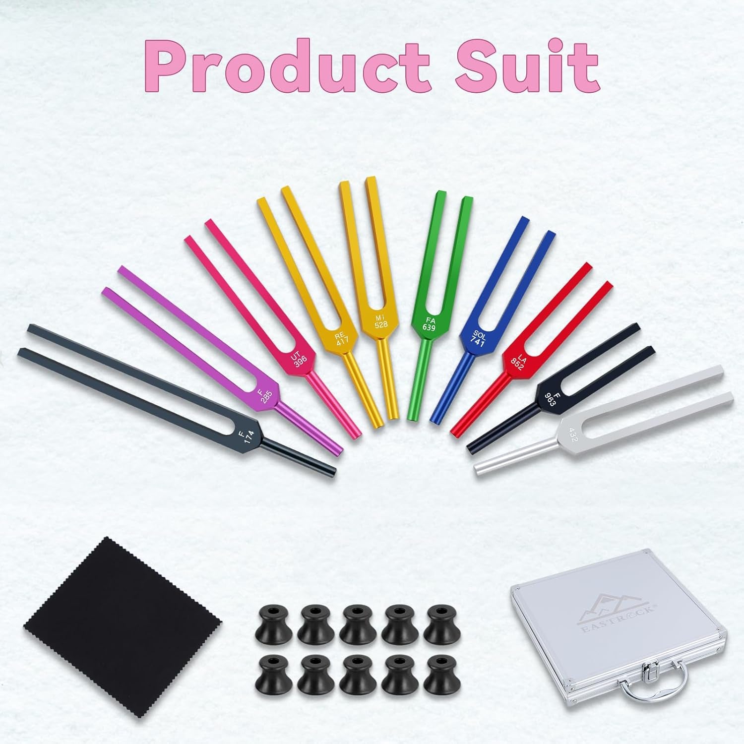 Chakra tuning fork set with mallets, bases, and optional aluminum case in multiple frequency and kit variations
