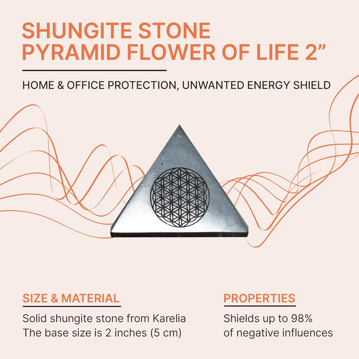 Authentic Shungite Pyramid – 2” Polished Crystal with Engraved Sacred Geometry | Energy Harmonizer & Spiritual Protection for Home, Office, and Meditation