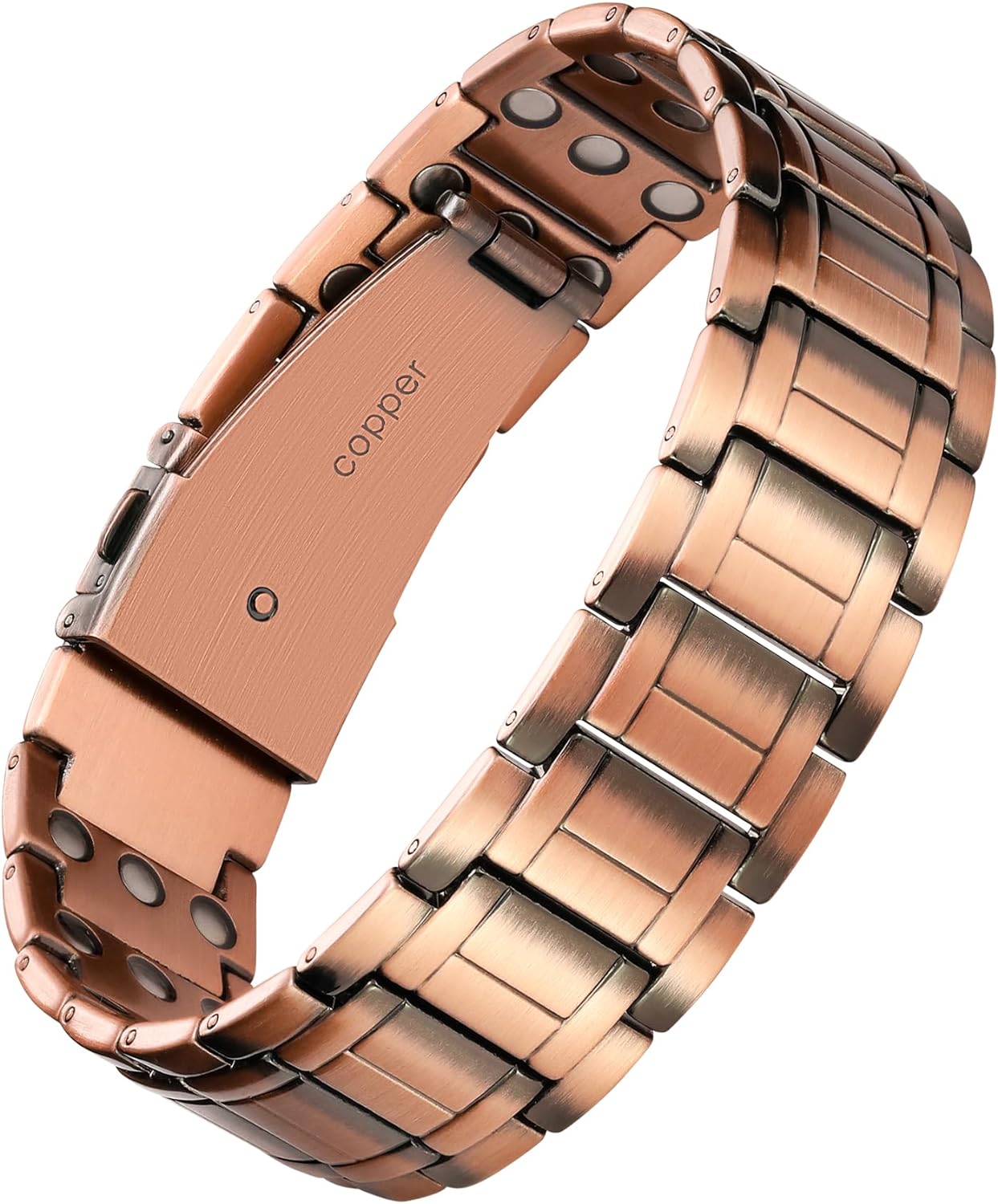 Mystic Copper Magnetic link bracelet — polished copper with hidden magnetic detail, fold‑over clasp, adjustable size