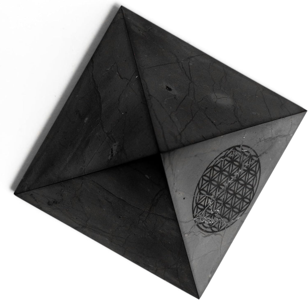 Authentic Shungite Pyramid – 2” Polished Crystal with Engraved Sacred Geometry | Energy Harmonizer & Spiritual Protection for Home, Office, and Meditation