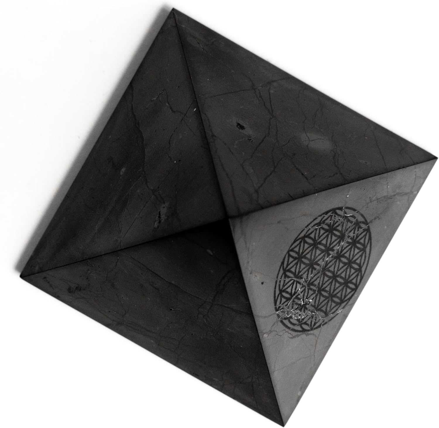 Authentic Shungite Pyramid – 2” Polished Crystal with Engraved Sacred Geometry | Energy Harmonizer & Spiritual Protection for Home, Office, and Meditation