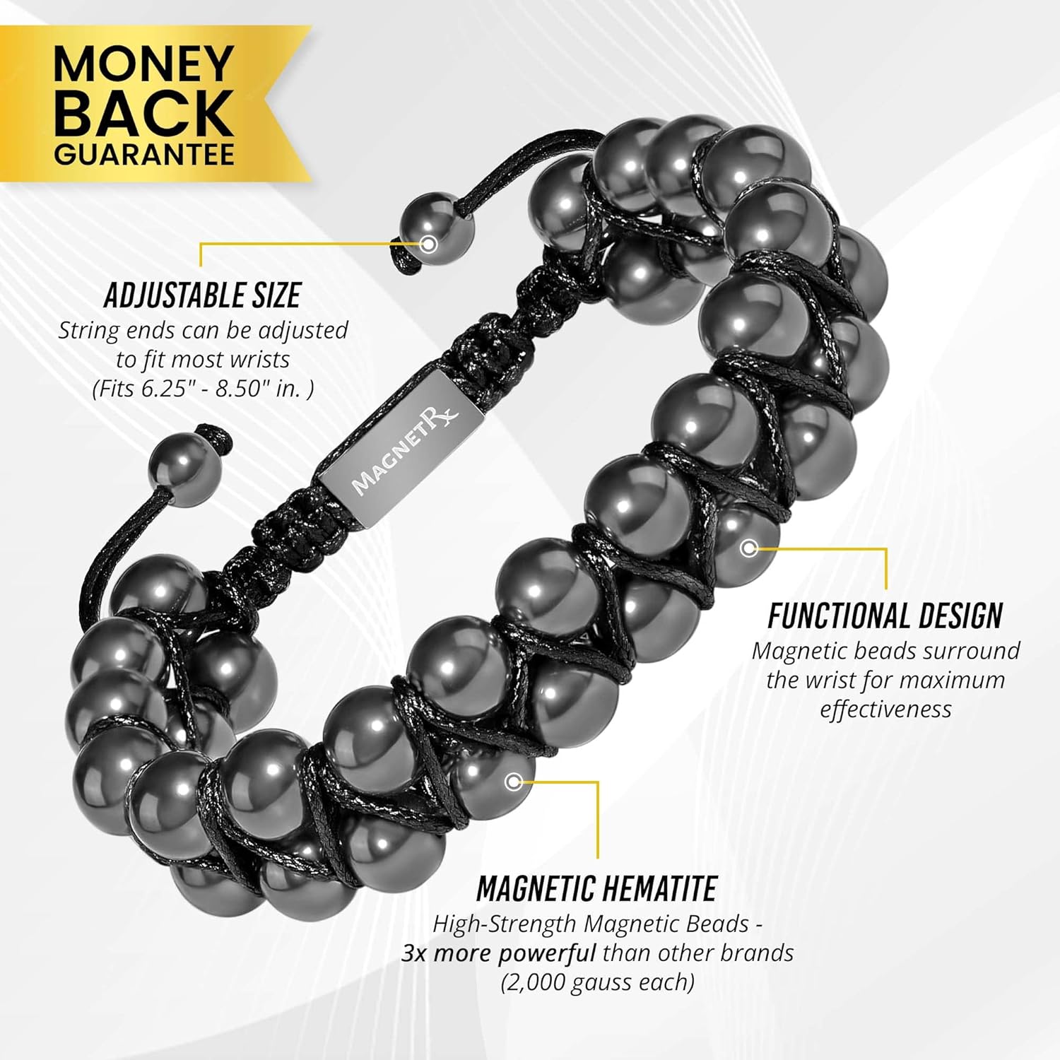 Magnetic Hematite Bracelet | Ultra Strength 8mm Beads with Adjustable Fit & Gift Box
