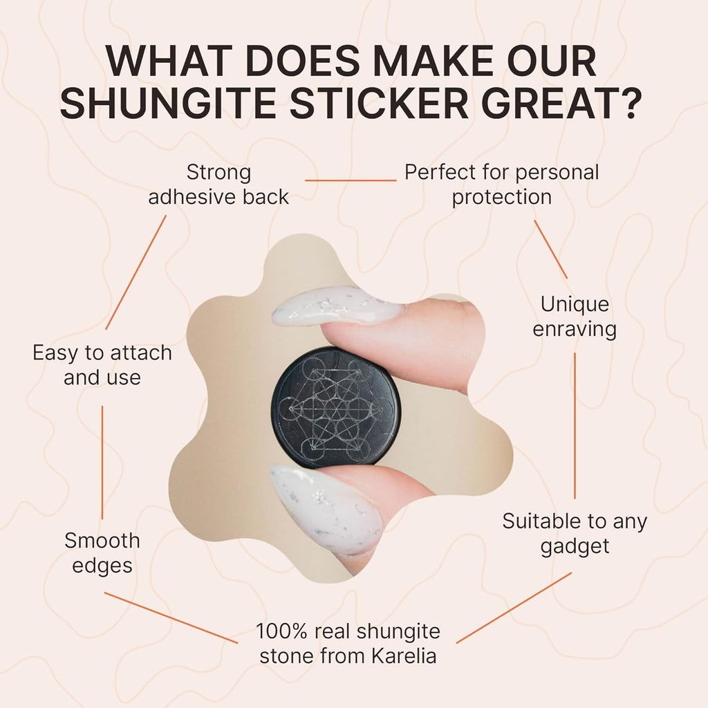 Shungite round phone sticker — polished stone with sacred geometry engravings (Merkaba, Metatron’s Cube, Flower of Life) or plain polished finish