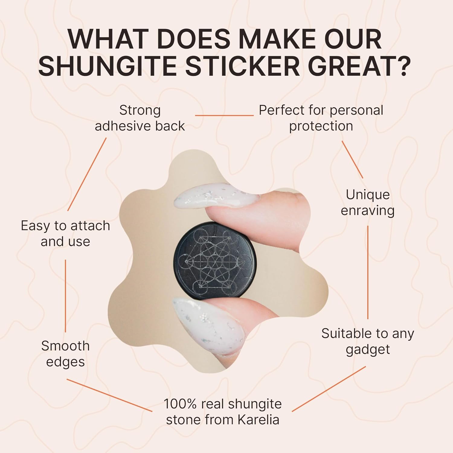 Shungite round phone sticker — polished stone with sacred geometry engravings (Merkaba, Metatron’s Cube, Flower of Life) or plain polished finish