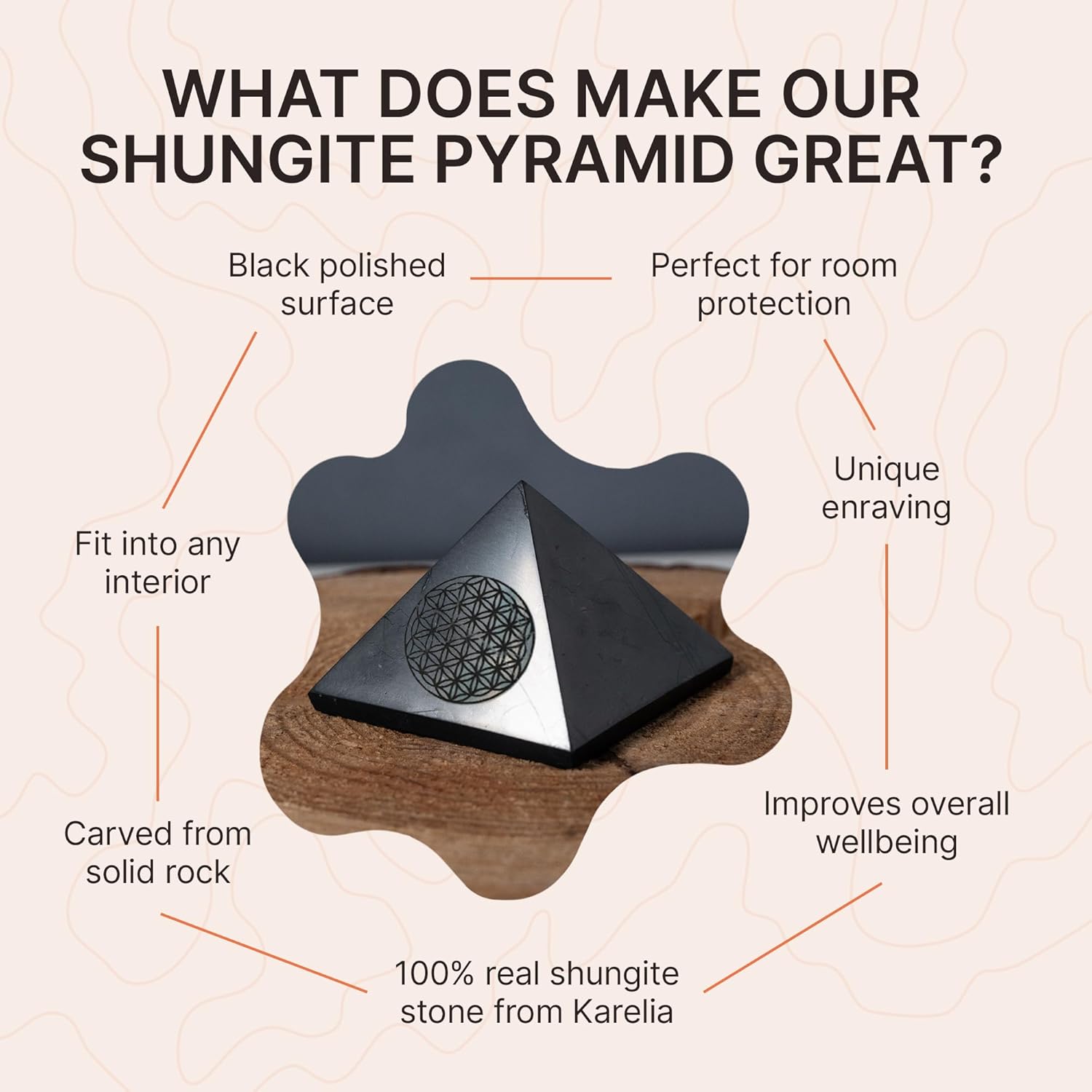 Authentic Shungite Pyramid – 2” Polished Crystal with Engraved Sacred Geometry | Energy Harmonizer & Spiritual Protection for Home, Office, and Meditation
