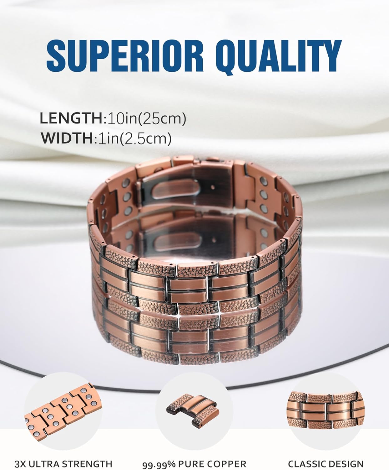 Men’s 3X Copper Magnetic Bracelet – Stylish & Durable Wellness Accessory with Fold-Over Clasp & Adjustable Tool