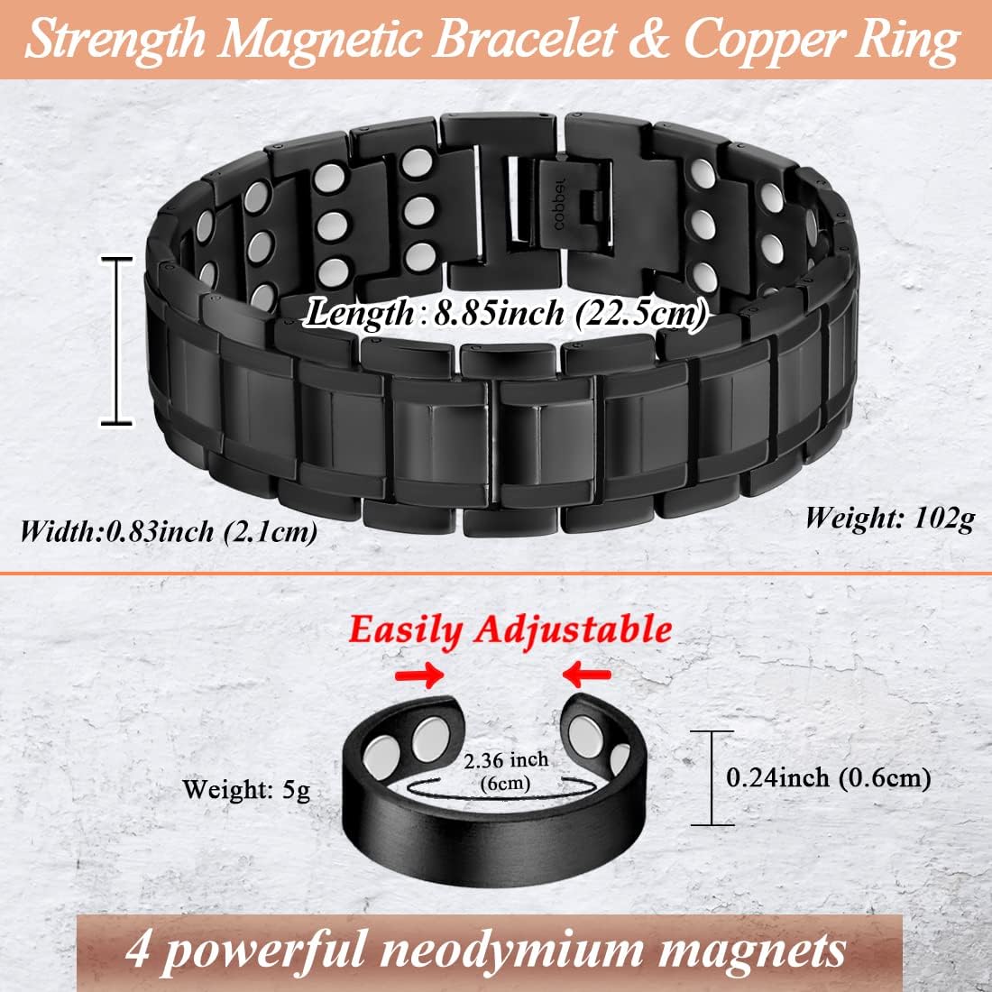 MagnaStyle 3X Copper Bracelet & Ring Set: Ultra-Strength Magnetic Jewelry for Men & Women