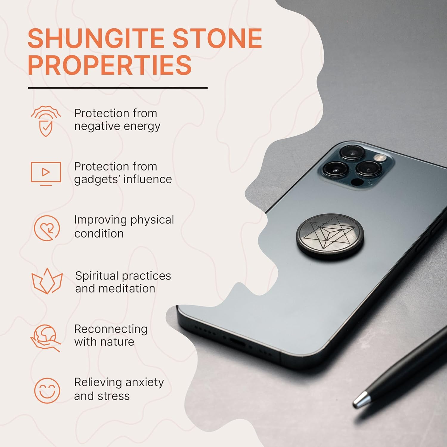 Shungite round phone sticker — polished stone with sacred geometry engravings (Merkaba, Metatron’s Cube, Flower of Life) or plain polished finish