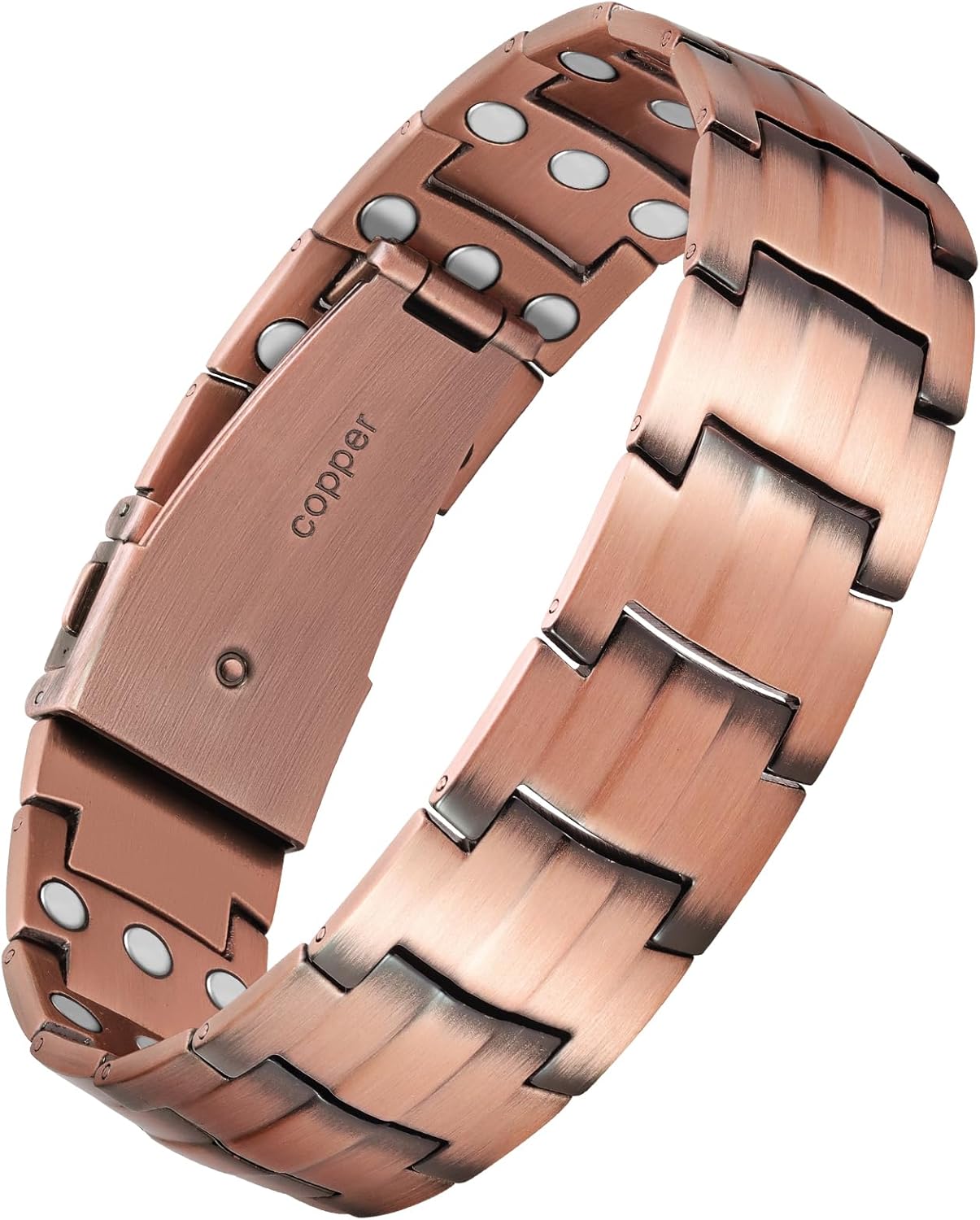 Mystic Copper Magnetic link bracelet — polished copper with hidden magnetic detail, fold‑over clasp, adjustable size