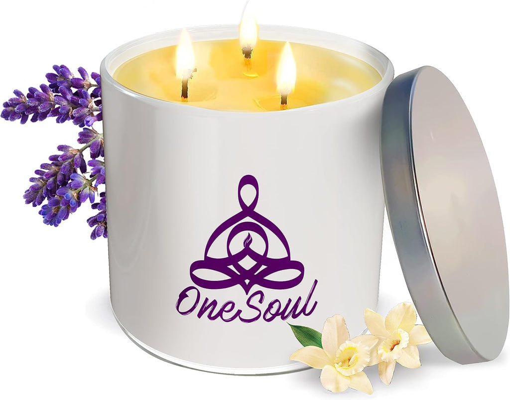 Luxury soy aromatherapy candle in black glass with sacred symbol design, available in multiple earthy and floral scents.