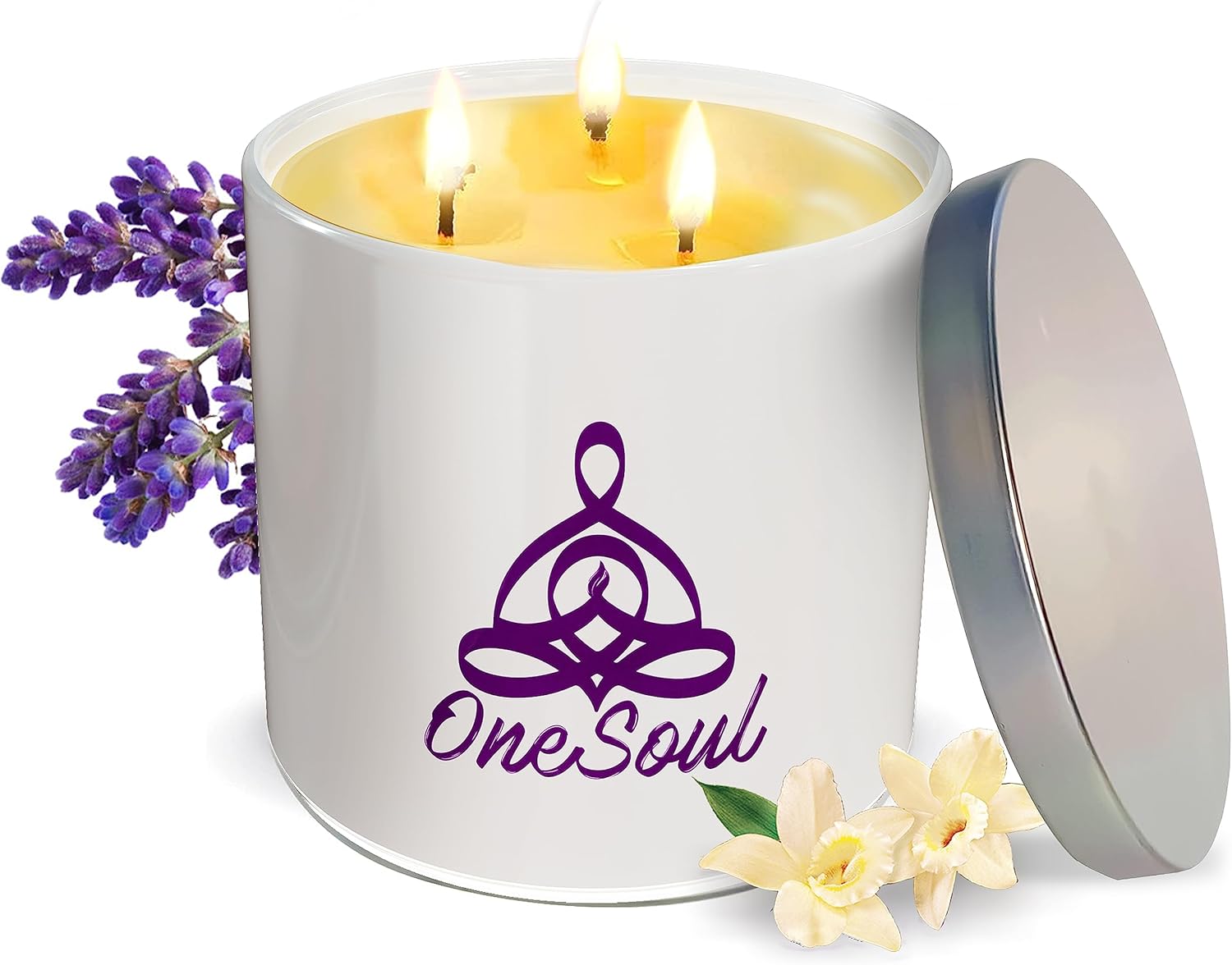 Luxury soy aromatherapy candle in black glass with sacred symbol design, available in multiple earthy and floral scents.
